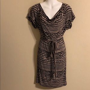 LOFT Brown and Cream Striped Midi Dress